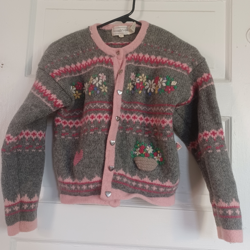 Gray and Pink Women's Sweater with Floral Design and Hearts For Buttons